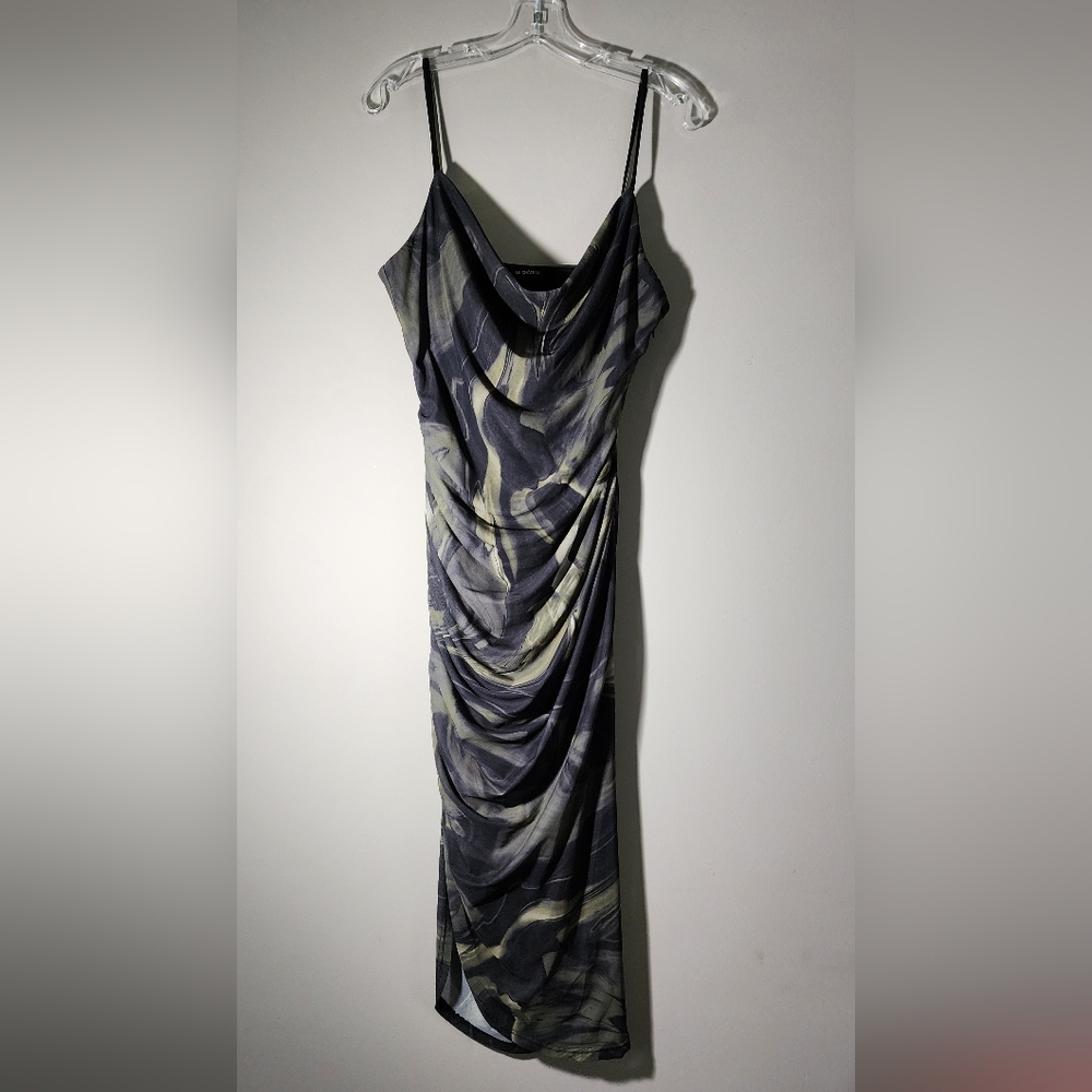 Le Château Women’s Large Marble Green Print Ruched Slip Dress Spaghetti Straps